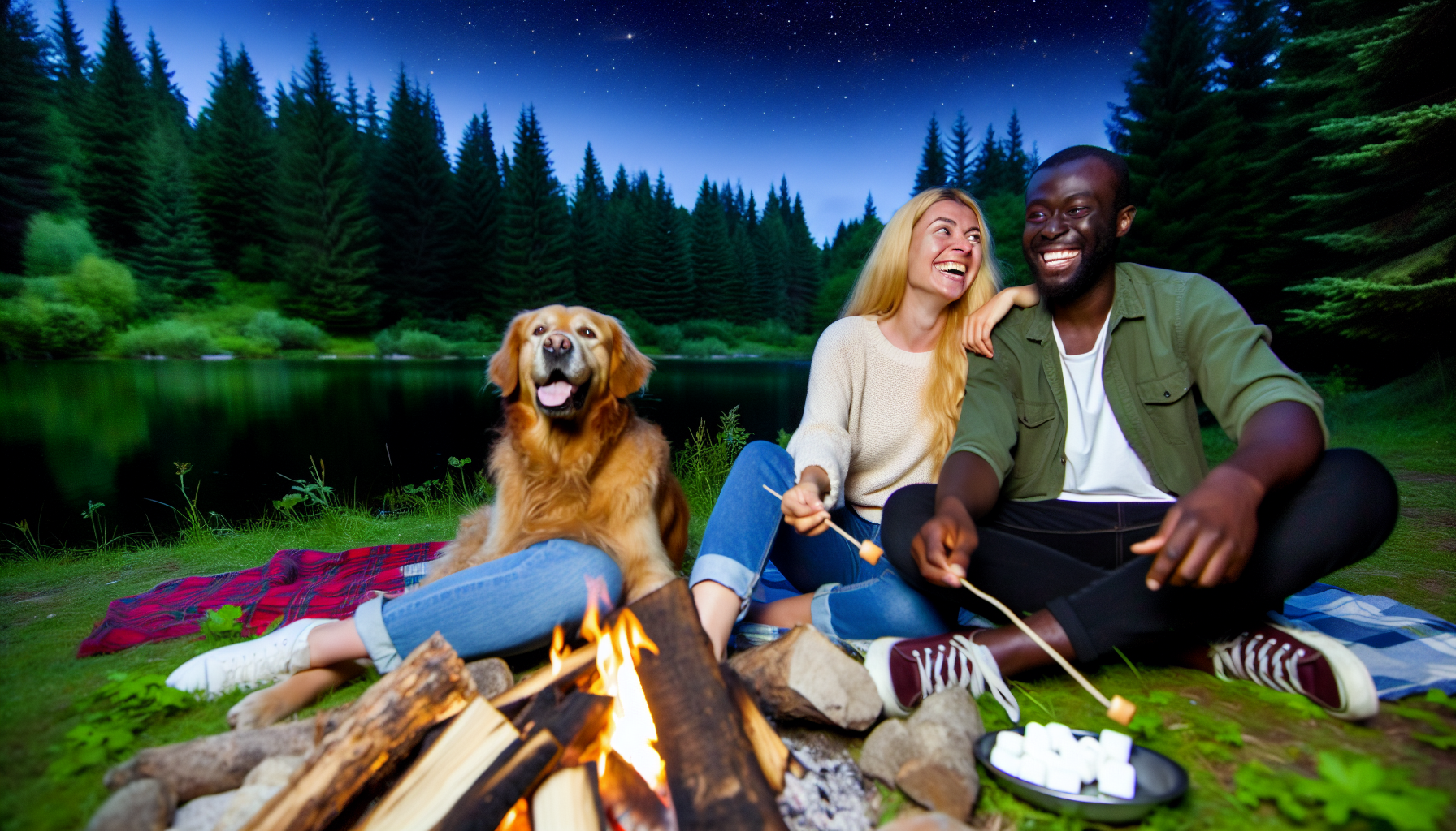 Eine kaukasische Frau und ein schwarzer Mann verbringen ihren Urlaub mit ihrem Golden Retriever an einem friedlichen See, umgeben von grÃ¼nen BÃ¤umen. Sie sitzen am Lagerfeuer, rÃ¶sten Marshmallows und lachen. Der Nachthimmel Ã¼ber ihnen ist klar und mit leuchtenden Sternen Ã¼bersÃ¤t.