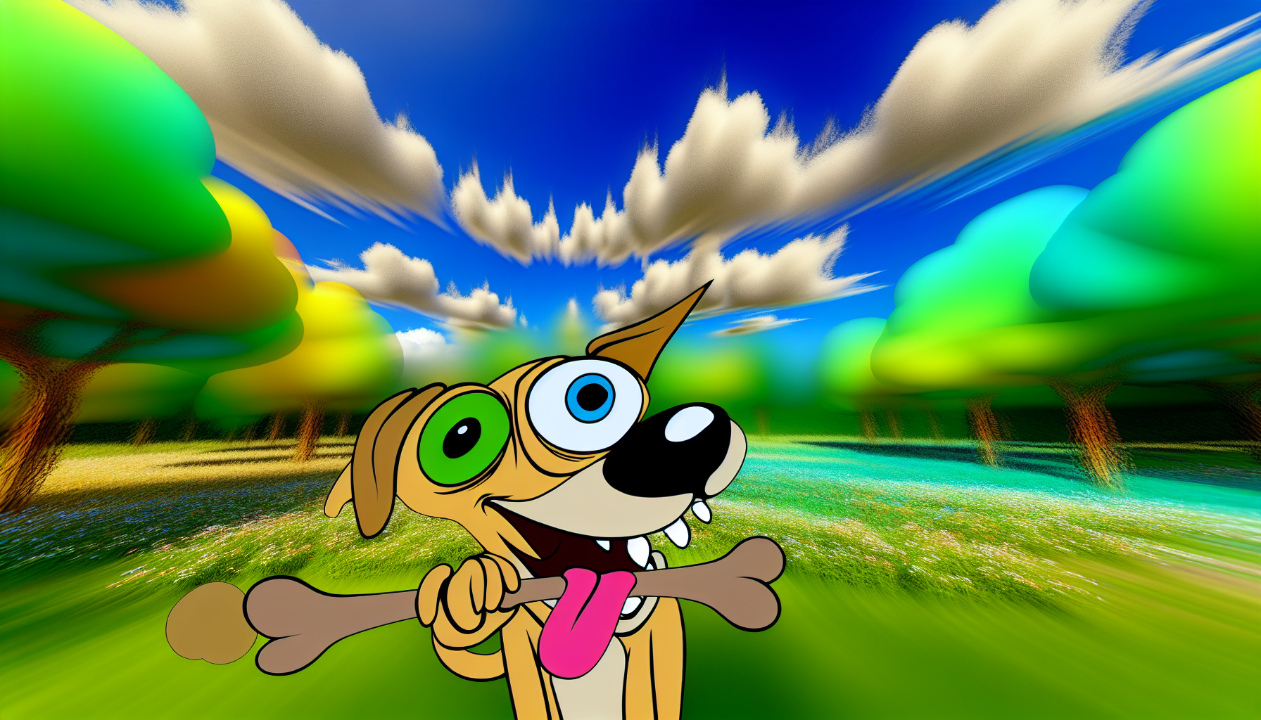 Visualisiere ein abstraktes Konzept, in dem ein Cartoon-Hund mit komisch übertriebenen Merkmalen auf einem Knochen kaut. Er sitzt vor einem traumhaften Hintergrund eines weitläufigen grünen Parks mit hohen Bäumen und blühenden Blumen, was eine skurrile und dynamische Szene schafft. Der strahlend blaue Himmel, gespickt mit fluffigen Baumwollwolken, bildet einen starken Kontrast zum üppigen Grün des Parks. Aus dem Hund strahlt ein Gefühl von Glück und Zufriedenheit aus, und seine glänzenden Augen, gepaart mit einem jovialen Ausdruck, verstärken diese fröhliche Atmosphäre. Bitte beachte, dass diese Szene im übertriebenen Cartoon-Stil gezeichnet werden sollte.
