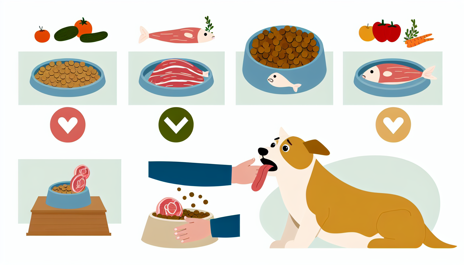 Ein Bild, das die richtige Art und Weise zeigt, einen Hund zu fÃ¼ttern. Es sollten verschiedene gesunde Hundefutteroptionen wie Trockenfutter, frisches Fleisch, Obst und GemÃ¼se dargestellt werden. AuÃŸerdem sollte eine Person zu sehen sein, die dem Hund wÃ¤hrend des FÃ¼tterns Zuneigung zeigt. Die FÃ¼tterungsumgebung sollte sauber und sicher sein, wobei die Futter- und WassernÃ¤pfe die passende GrÃ¶ÃŸe fÃ¼r den Hund haben. Es sollte hervorgehoben werden, wie die Person sich Zeit nimmt, um den Hund zu fÃ¼ttern, und dabei eine ruhige und liebevolle Haltung wÃ¤hrend des gesamten Prozesses beibehÃ¤lt.