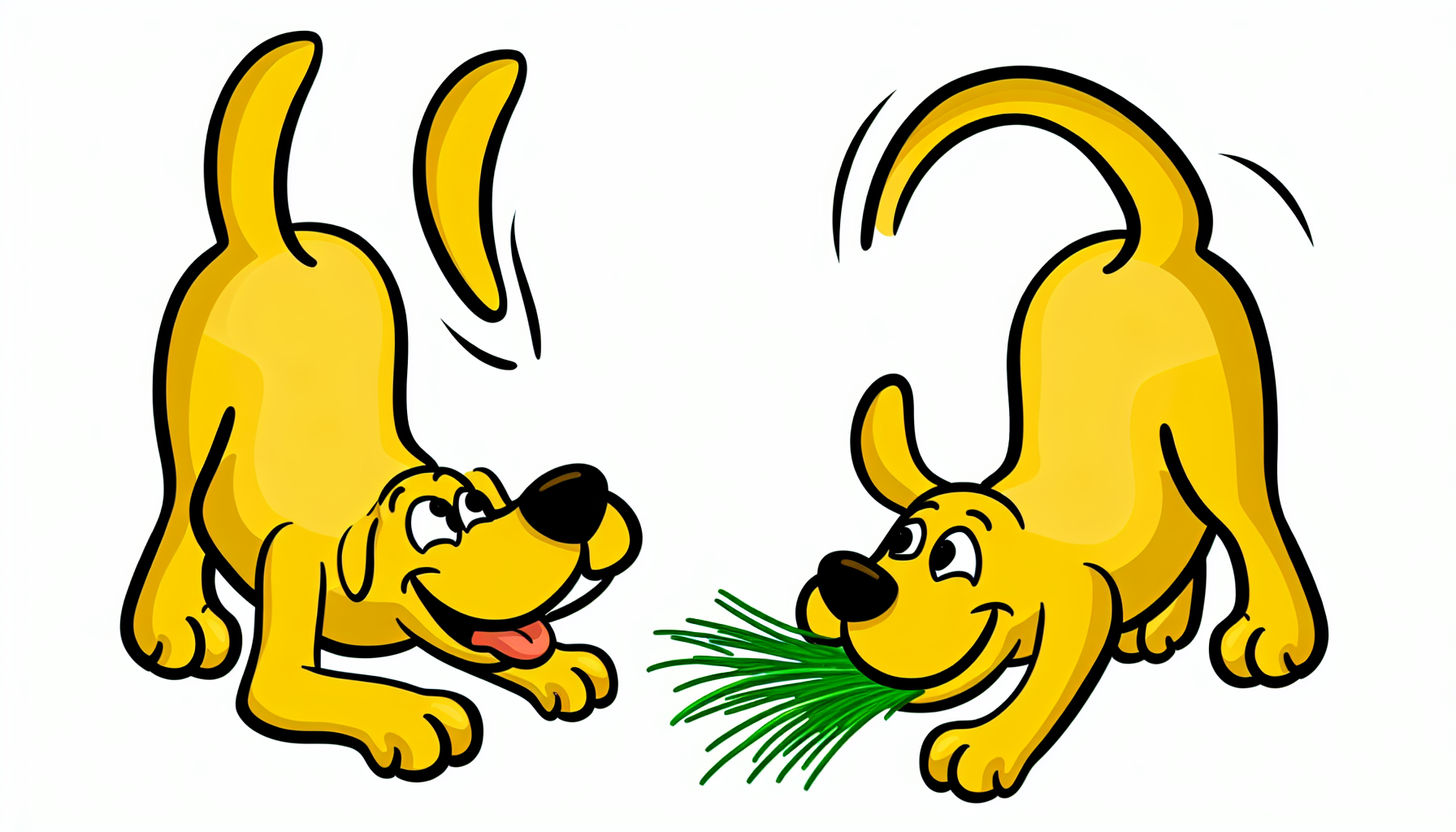 Ein Bild eines gelben Cartoon-Hundes, der verspielt mit dem Schwanz wedelt, wÃ¤hrend er frÃ¶hlich sich bÃ¼ckt und grÃ¼nes Gras erbricht.