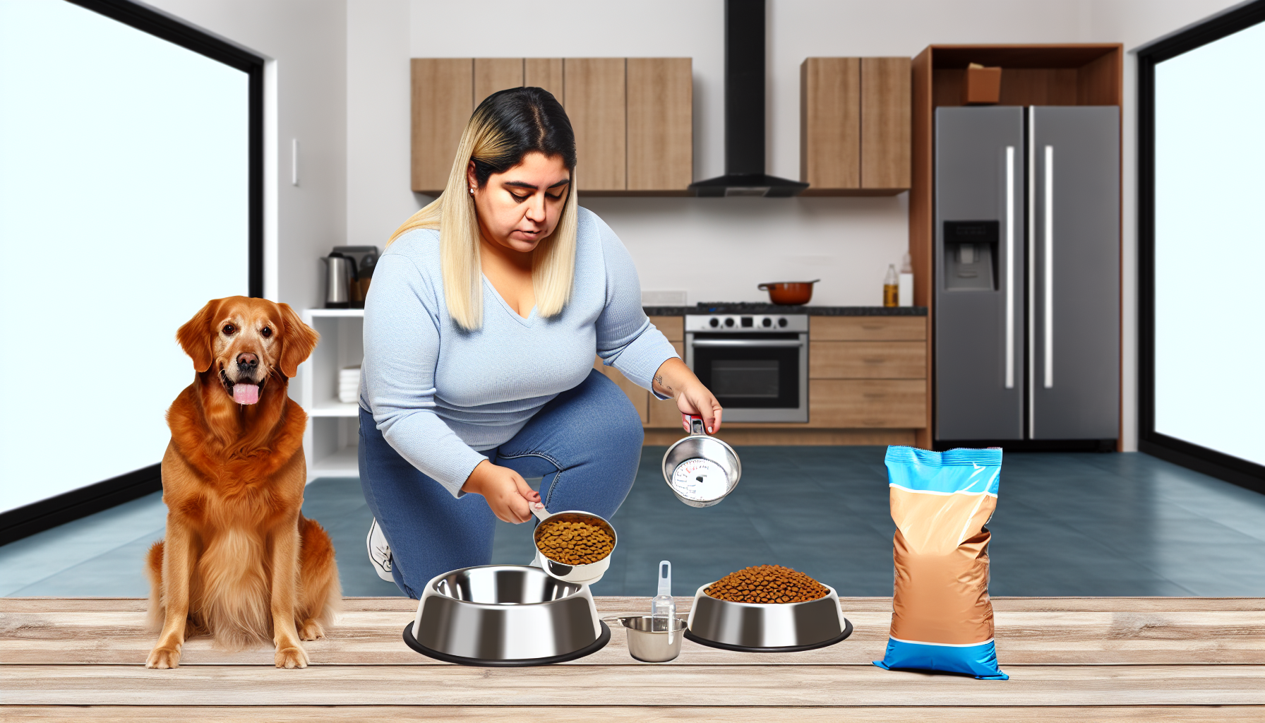 Ein Bild, das die richtige Art zeigt, einen Hund zu fÃ¼ttern. Ein Golden Retriever sollte geduldig warten, wÃ¤hrend eine Latina Frau sein Futter in einer MetallschÃ¼ssel zubereitet. Die Frau sollte legere Kleidung tragen. Die KÃ¼che ist gerÃ¤umig, gut beleuchtet und mit modernen GerÃ¤ten ausgestattet. Auf einer Seite des Raumes sollten einige Hundefutter in einem Sack, ein Messbecher und frisches Wasser in einer SchÃ¼ssel stehen, um die richtigen Mengen und Arten von Futter fÃ¼r eine gesunde Hundenahrung zu veranschaulichen.