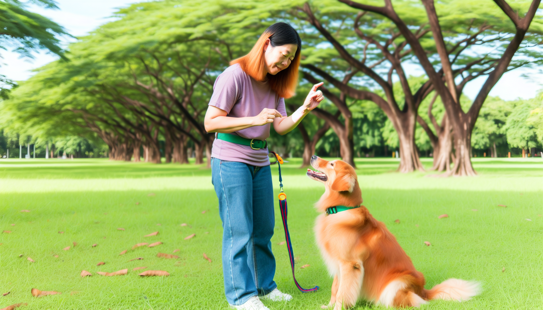 Eine Szene einer Hundetrainingseinheit in einem friedlichen Park. Eine asiatische Hundetrainerin verwendet positive Verstärkungsmethoden, um einem lebhaften Golden Retriever das Training beizubringen. Sie nutzt effizient einen Clicker und Hundeleckerlis. Der Hund befindet sich gerade in der Ausführung des Befehls „Sitz bleiben“. Um sie herum erstreckt sich ein lebhaft grünes Feld, und hohe Bäume spenden Schatten. Dieses Bild zeigt eine harmonische Koexistenz zwischen Mensch und Tier.