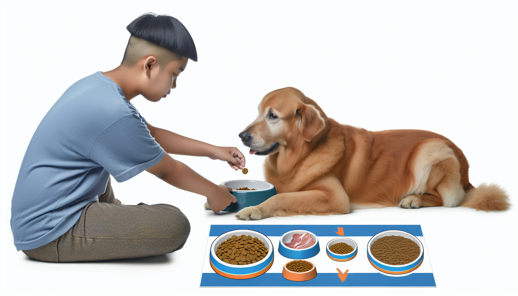 Ein Bild, das die richtige Art und Weise zeigt, einen Hund zu fÃ¼ttern. Der Hund ist ein groÃŸer Golden Retriever, der liegt. Eine Person sÃ¼dasiatischer Abstammung mit kurzen, schwarzen Haaren hÃ¤lt eine SchÃ¼ssel mit Hundefutter und platziert sie langsam vor dem Hund, wobei sie dem Hund zeigt, geduldig zu warten. Neben ihnen liegt ein klarer Anleitungsguide, der die angemessenen Portionen verschiedener Arten von Hundefutter, wie Trockenfutter und Dosenfleisch, veranschaulicht und die Bedeutung der Bereitstellung von sauberem, frischem Wasser hervorhebt.
