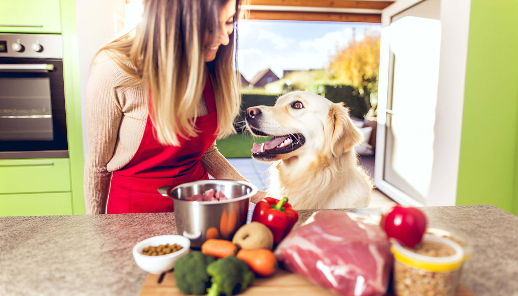 Ein gut genährter und glücklicher Hund. Das Bild zeigt eine kaukasische Frau in einer roten Schürze, die gesundes Hundefutter zubereitet. Die gesunde Hundemahlzeit besteht aus frischem Fleisch, Gemüse und Getreide. Der Hund, ein verspielter Golden Retriever, wartet geduldig in der Nähe, mit Vorfreude und Aufregung in seinen Augen. Der Hintergrund ist eine gemütliche, gepflegte Küche in einem Vorort, in die warmes Sonnenlicht durch das Fenster strömt.