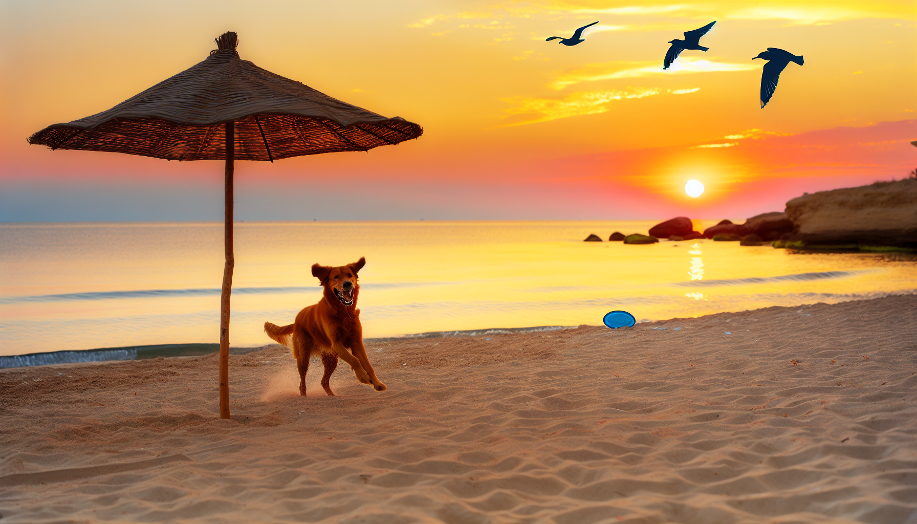 Ein Bild von einem friedlichen Urlaub mit einem Hund. Die Szene spielt an einem sandigen Strand während des Sonnenuntergangs. Der Hund, ein lebhafter Golden Retriever, jagt verspielt einem Frisbee hinterher, seine Ohren flattern im Wind. Im Hintergrund steht ein einsamer Strandschirm fest im Sand, der Schatten für ein gemütlich aussehendes Picknick-Setup bietet. Möwen kreisen in der Ferne, ihre Silhouetten wunderschön kontrastiert mit den leuchtenden Farben des untergehenden Sonnenlichts. Der Anblick des ruhigen Meeres, das sanft gegen die Küste plätschert, vervollständigt diesen perfekten Urlaubsmoment.