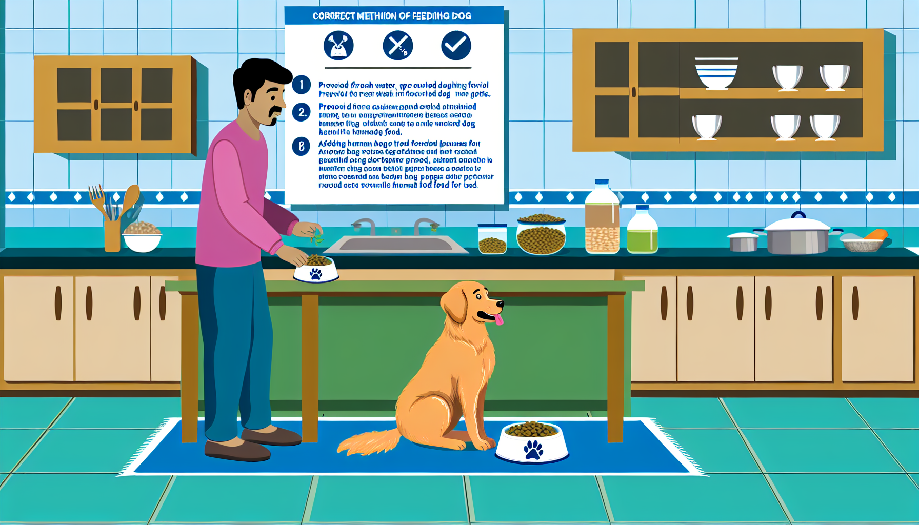 Eine pädagogische Illustration, die die richtige Methode zur Fütterung eines Hundes darstellt. Das Bild sollte einen gut erzogenen Golden Retriever zeigen, der geduldig sitzt, während ein südasianischer Mann ihm eine Schüssel mit ausgewogenem Hundefutter anbietet. Die Kücheneinstellung sollte Sauberkeit und Disziplin fördern. Wichtige Fütterungstipps wie die Bereitstellung von frischem Wasser, kontrollierte Portionsgrößen und das Vermeiden von menschlicher Nahrung sollten subtil in die Szene integriert werden. Zusätzlich kann eine kleine Seitenleiste eine Liste von nützlichen und schädlichen Lebensmitteln für Hunde enthalten.