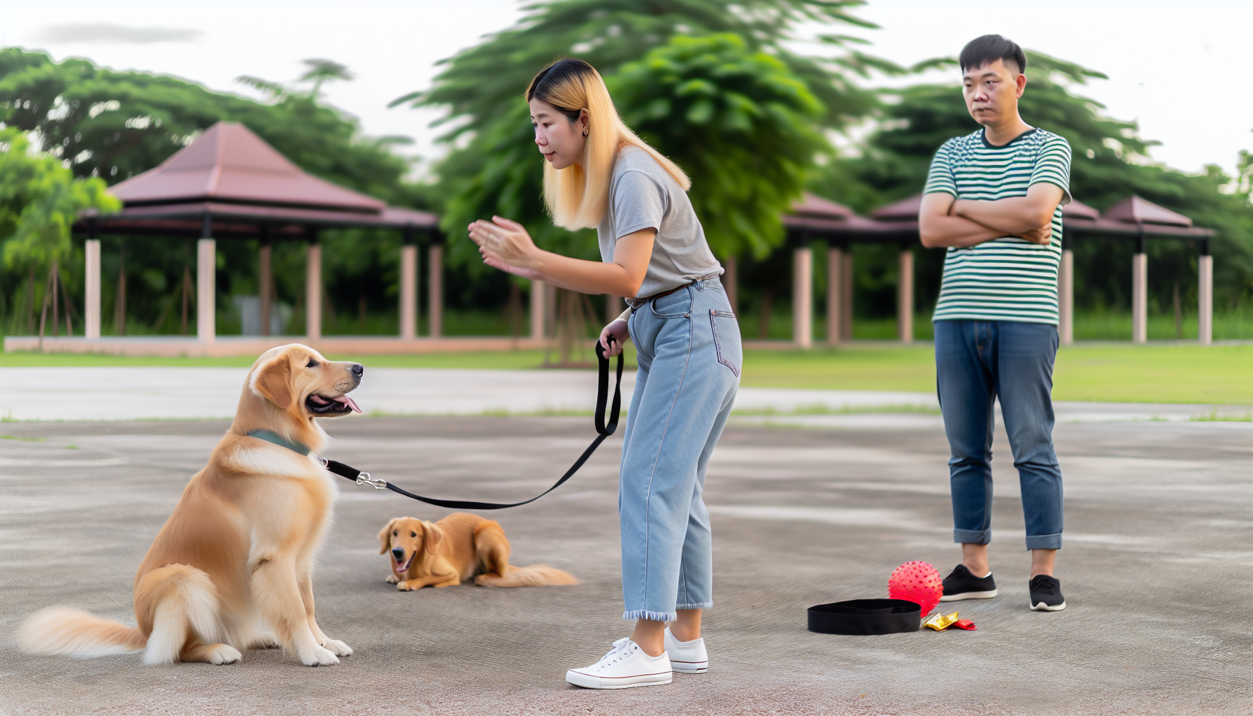 Ein Bild, das das Konzept des Hundetrainings veranschaulicht. Es zeigt eine Szene in einem offenen Raum wie einem Park, wo eine kaukasische Hundetrainerin mit einem Golden Retriever arbeitet. Die Trainerin verwendet Handzeichen und verbale Kommandos, um den Hund zu leiten, der aufmerksam zu ihr schaut und bereit ist, zu gehorchen. In der Nähe beobachtet ein asiatischer Mann das Training mit Interesse. Eine schwarze Leine, Trainingsleckerlis und ein roter Ball sind neben der Hundetrainerin auf dem Boden zu sehen.