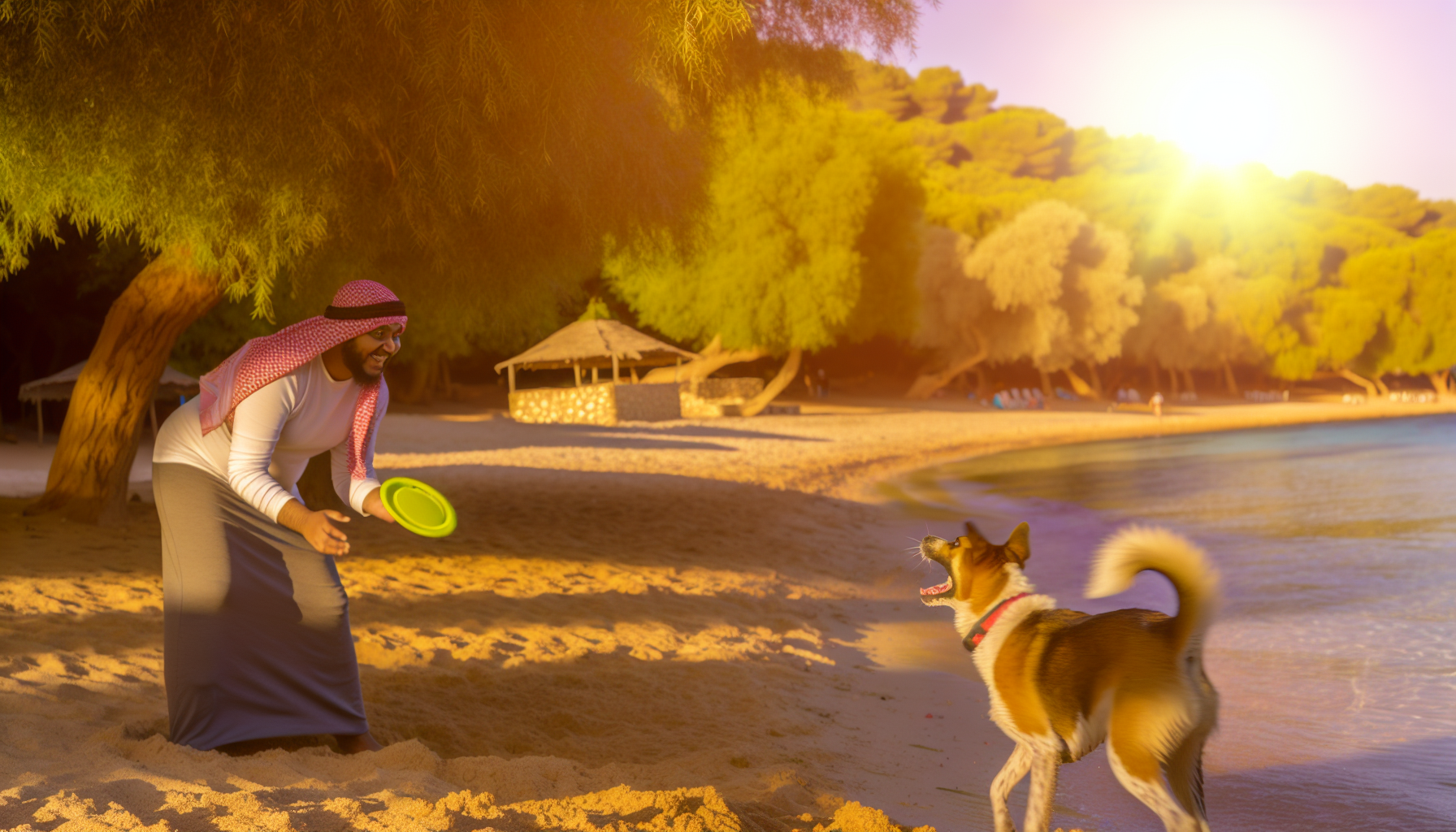 GenieÃŸen eines Urlaubs mit einem Hund. Eine Umgebung mit Ã¼ppig grÃ¼nen BÃ¤umen und sonnenverwÃ¶hnten SandstrÃ¤nden, in der eine menschliche Figur mittlerer Ã¶stlicher Abstammung frÃ¶hliche AktivitÃ¤ten mit einem verspielten Hund unternimmt. Vielleicht wirft sie einen Frisbee, den der Hund fangen kann, oder sie bauen gemeinsam eine Sandburg. Lachen und Freude erfÃ¼llen die Luft, der Hund wedelt mit dem Schwanz vor purer Freude, die Augen glÃ¤nzen vor Aufregung. Es ist ein sonniger Tag, aber eine kÃ¼hle Brise raschelt durch die BlÃ¤tter und bietet Erholung von der Hitze. Die warmen Farben des Sonnenuntergangs nÃ¤hern sich langsam, die letzten Strahlen der Sonne funkeln auf dem klaren Wasser des Strandes.