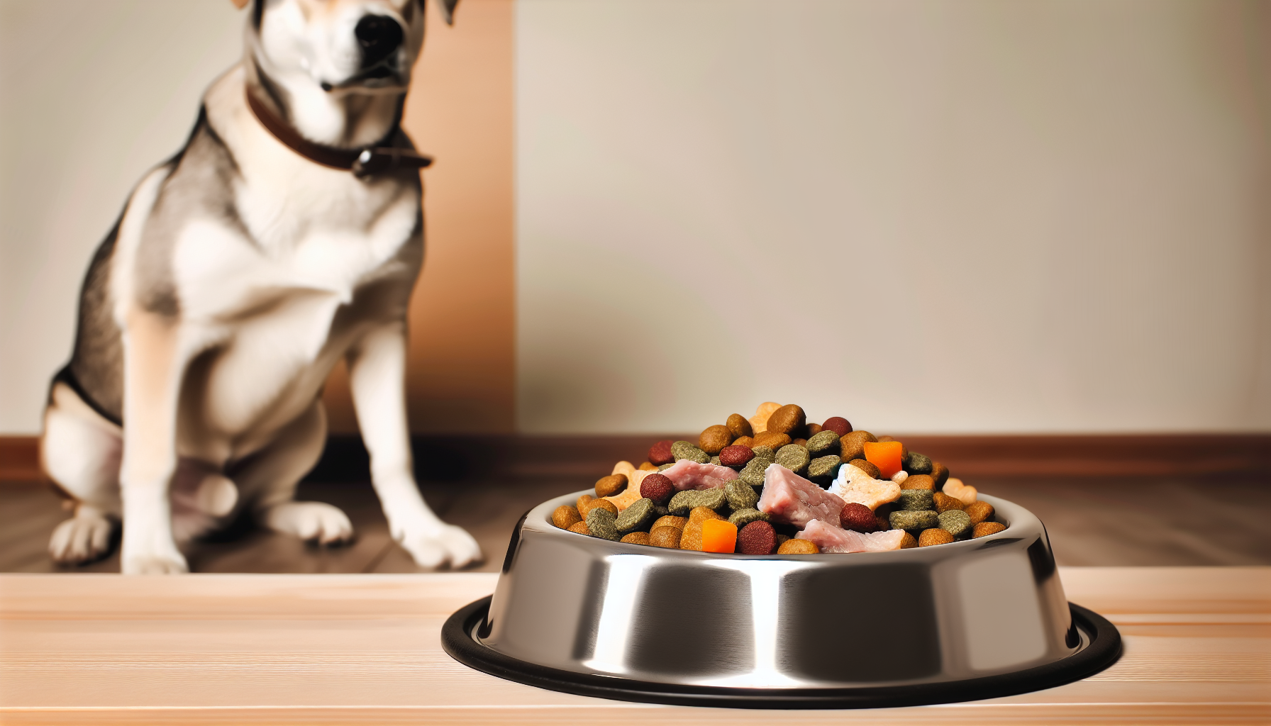 Eine korrekte F&Atilde;&frac14;tterung eines Hundes mit gesundem Hundefutter. Auf dem Bild sitzt ein Hund mit kurzem Fell, m&Atilde;&para;glicherweise ein Labrador, gehorsam neben einer Sch&Atilde;&frac14;ssel, die mit ausgewogenem Hundefutter gef&Atilde;&frac14;llt ist, das St&Atilde;&frac14;cke von Fleisch, Gem&Atilde;&frac14;se und Getreide enth&Atilde;&curren;lt. Die volle Sch&Atilde;&frac14;ssel zeigt, dass der Hund mit einer vollst&Atilde;&curren;ndigen Portion nahrhafter Nahrung serviert wird, die Vitamine und Mineralien enth&Atilde;&curren;lt, die f&Atilde;&frac14;r seine Gesundheit und sein Wohlbefinden notwendig sind. Der Hintergrund ist einfach und nicht ablenkend, m&Atilde;&para;glicherweise eine gut gepflegte K&Atilde;&frac14;che oder ein Essbereich, mit ausreichend Platz f&Atilde;&frac14;r den Hund, um bequem und sicher zu fressen.