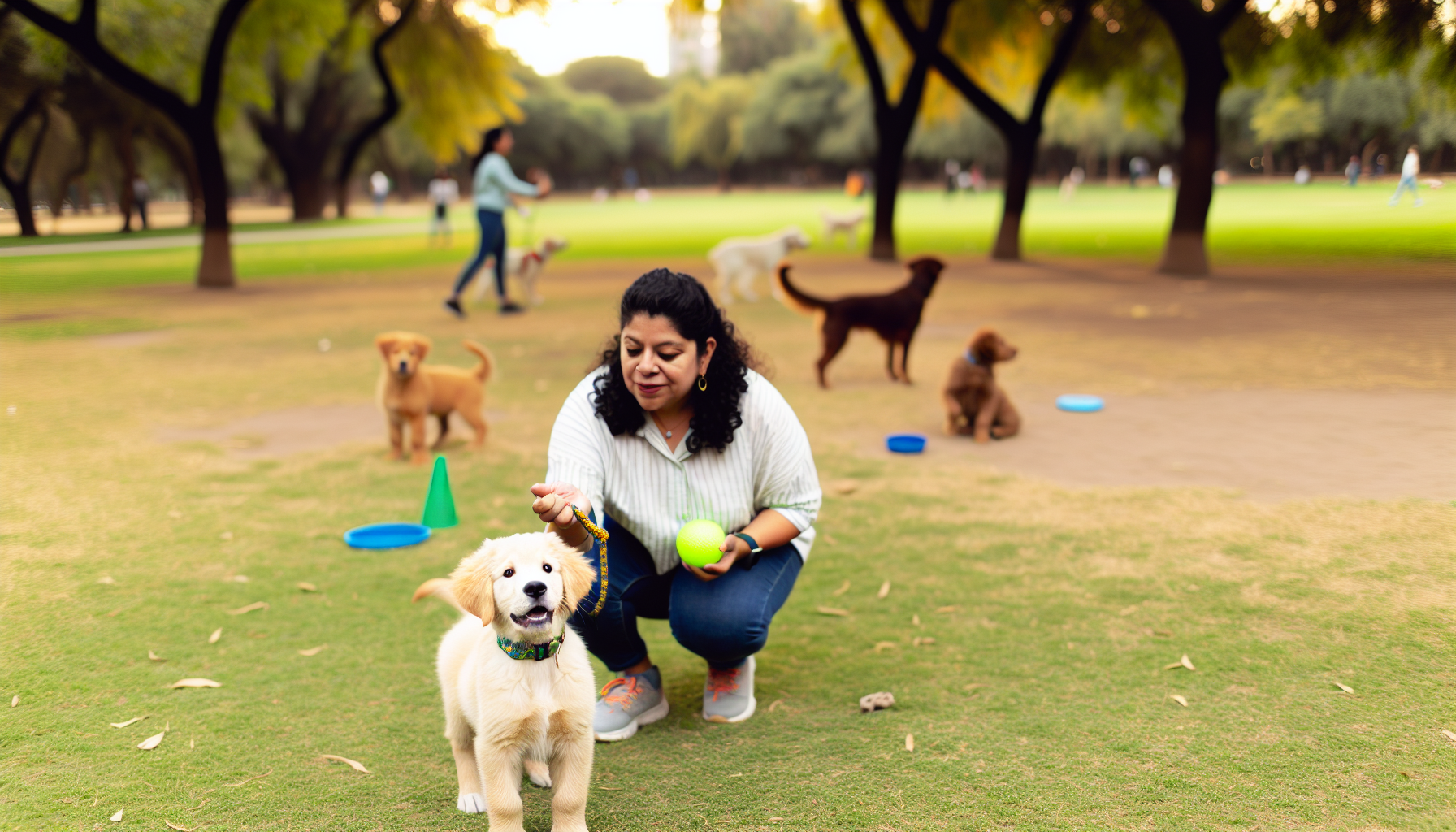 Eine lehrreiche Szene, in der eine hispanische Frau einen Golden Retriever Welpen in einem Park trainiert. Die Frau hält einen Ball in einer Hand und einen Trainings-Klicker in der anderen. Der Welpe ist neugierig und schaut aufmerksam zu der Frau, während er mit dem Schwanz wedelt. Im Park sind andere Hunde zu sehen, die mit verschiedenen Aktivitäten beschäftigt sind, wie Frisbees zu jagen, mit anderen Hunden zu spielen oder einfach unter den Bäumen zu entspannen. Unser Fokus liegt jedoch auf der Frau und dem Welpen, in diesem Moment des Lernens und der Bindung.