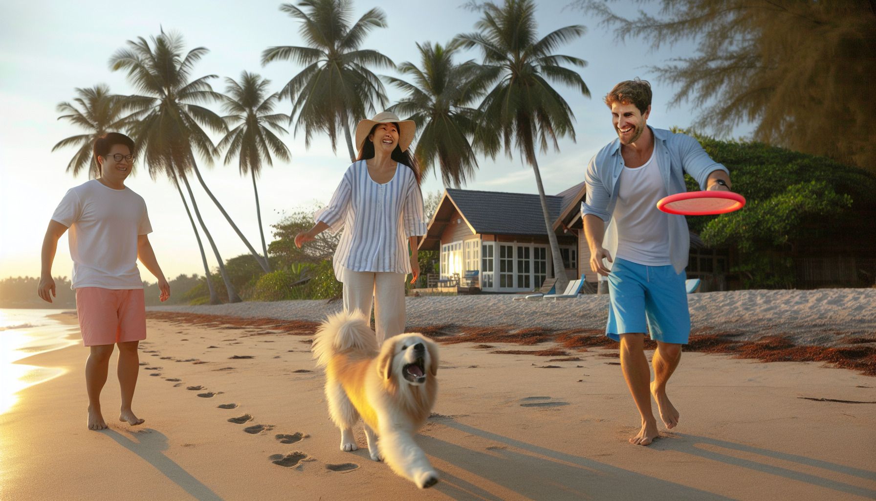 Eine Familienszene im Urlaub am Strand. Die Sonne geht unter und wirft ein warmes Licht auf die Szene. Ein kaukasischer Mann und eine ostasiatische Frau, beide in entspannter Urlaubsbekleidung, werfen sich einen Frisbee zu. Ein flauschiger Golden Retriever Hund jagt aufgeregt dem Frisbee hinterher, bereit, ihn mit seinem Maul zu fangen. Im Hintergrund stehen hohe Palmen, die sanft im Wind wiegen, und ein gem&Atilde;&frac14;tlich aussehendes Strandhaus ist in kurzer Entfernung zu sehen. Fu&Atilde;Ÿabdr&Atilde;&frac14;cke markieren den Weg, den sie vom Haus zu ihrem aktuellen Platz am Strand genommen haben.