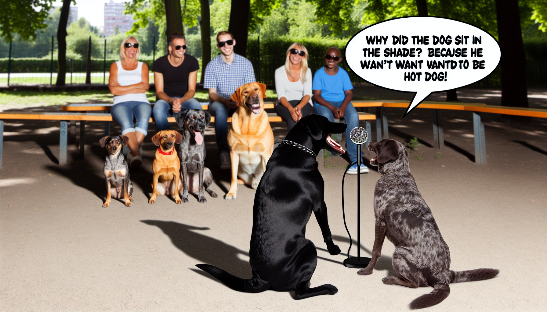 Eine humorvolle Szene mit Hunden. Ein Hund erzählt einen Witz einer Gruppe anderer Hunde. Sie befinden sich in einem entspannten Park mit Bänken und Bäumen. Der Hund, der den Witz erzählt, ist ein schwarzer Labrador Retriever, der auf seinen Hinterbeinen steht und mit seiner Pfote ein Mikrofon hält. Die anderen Hunde sind eine vielfältige Mischung aus Rassen, die sitzen und aufmerksam zuhören. Die Pointe des Witzes erscheint als Text, der über dem Labrador schwebt: "Warum saß der Hund im Schatten? Weil er kein heißer Hund sein wollte!"