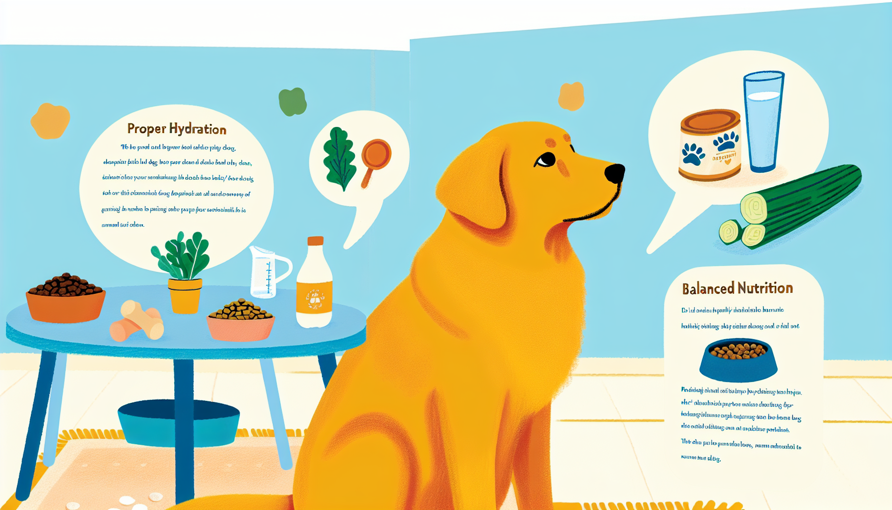 Ein illustrierter Leitfaden mit einem mittelgroÃŸen Hund, speziell einem Golden Retriever, der geduldig in einer hellen Innenumgebung sitzt. Der Hund schaut neugierig auf einen nahegelegenen Tisch, der mit einer SchÃ¼ssel ausgewogenem Hundefutter, einem Teller mit rohem GemÃ¼se, einer Flasche frischem Wasser und einem Messbecher gefÃ¼llt ist. Neben diesen GegenstÃ¤nden befinden sich Informationsblasen, die die Vorteile einer solchen ausgewogenen ErnÃ¤hrung erlÃ¤utern. Die Blasen sollten Texte wie 'Richtige Hydration', 'Ausgewogene ErnÃ¤hrung' und 'Portionskontrolle' enthalten. Die Umgebung sollte warme und einladende Farben haben.