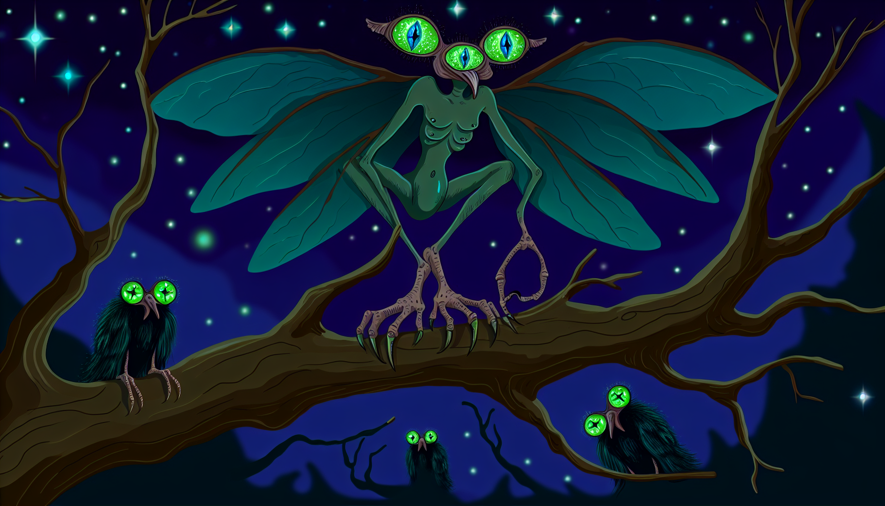 Stellen Sie sich ein Konzept des Wortes „Barfen“ vor, ein fantastisches, skurriles Wesen mit lederartigen Flügeln, vier grünen Augen und einem schlanken Körper, der mit bläulichem Flaum bedeckt ist. Es sitzt auf einem knorrigen Baumast unter einem Nachthimmel, der mit funkelnden Sternen übersät ist. Seine smaragdgrünen Flügel sind weit ausgebreitet, als wäre es bereit zum Abflug. Um es herum sind andere ähnliche Kreaturen, die im Dunkeln halb sichtbar sind, ihre Augen leuchten mit unheimlichem Licht.