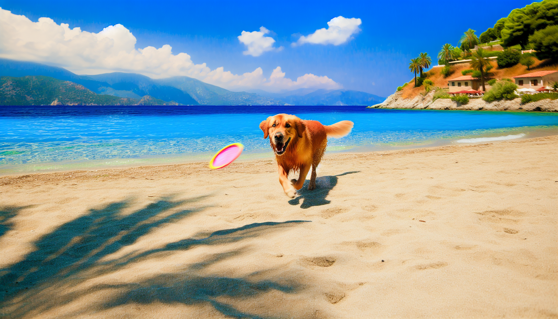 Im Urlaub mit einem Hund, an einem warmen, sonnigen Tag. Der Hund ist ein großer, lebhafter Golden Retriever mit einem glänzenden Fell und verspielten Augen. Sie befinden sich an einem wunderschönen Sandstrand, der sich bis zum kristallklaren Wasser erstreckt. Der Himmel darüber ist ein wunderbares Azurblau mit ein paar fluffigen weißen Wolken. In der Ferne ist eine atemberaubende Aussicht auf Berge sichtbar. Palmen spenden ein wenig Schatten, ihre Blätter rascheln im sanften Wind. Der Hund sprintet fröhlich am Ufer entlang und jagt einem bunten Frisbee hinterher. Die fröhliche Atmosphäre des Tages ist spürbar.