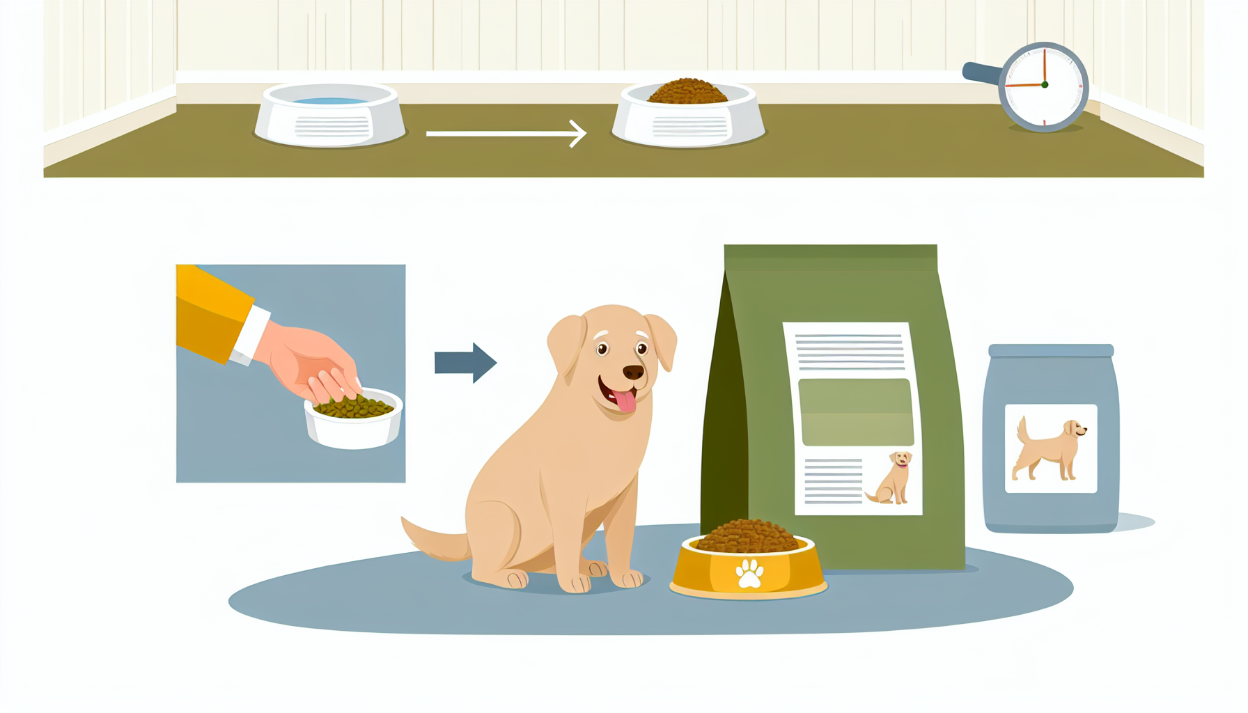 Illustration, wie man einen Hund richtig f&Atilde;&frac14;ttert. Das Bild sollte einen gut ausgewogenen Raum mit einem sauberen, komfortablen Futterplatz f&Atilde;&frac14;r den Hund darstellen. Es sollte eine Sch&Atilde;&frac14;ssel mit nahrhaftem Hundefutter und eine weitere Sch&Atilde;&frac14;ssel mit frischem Wasser geben. Der Hund, ein freundlicher Golden Retriever, wartet gespannt auf seine Mahlzeit. Eine Hand wird gezeigt, die das Futter in die Sch&Atilde;&frac14;ssel gibt, was die Verantwortung eines Tierhalters demonstriert. F&Atilde;&frac14;gen Sie Details wie einen nahegelegenen Futtersack hinzu, der die empfohlene Portionsgr&Atilde;&para;&Atilde;Ÿe zeigt, sowie einen Messbecher zur Portionskontrolle.