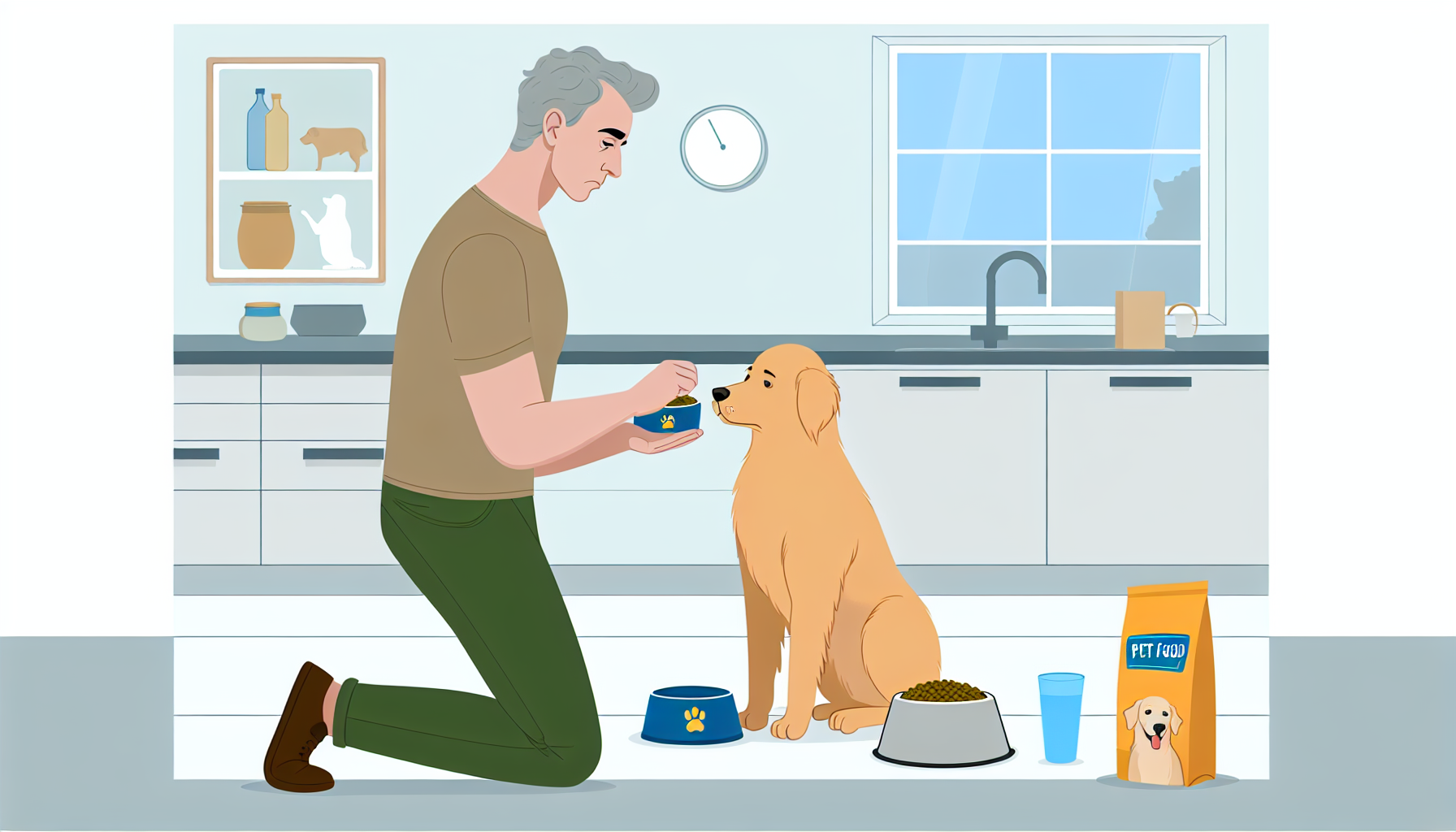 Eine Illustration, die die richtige Art und Weise zeigt, einen Hund zu füttern. Die Szene zeigt einen erwachsenen, kaukasischen Mann, der sanft Futter in den Napf eines Hundes serviert, während der Hund, ein Golden Retriever, geduldig und aufgeregt wartet. Es ist wichtig, dass die Körperhaltung des Mannes Freundlichkeit und Empathie ausstrahlt. Der Hintergrund kann eine einfache und saubere Küchenumgebung sein, mit einem Fenster, das das Tageslicht hereinlässt. Achten Sie darauf, verschiedene Haustierfutterartikel einzubeziehen, wie einen Sack mit Trockenfutter und eine Dose Nassfutter, einen Wassernapf neben dem Fressnapf und vielleicht ein paar Hundespielzeuge, die im Bereich verstreut sind.