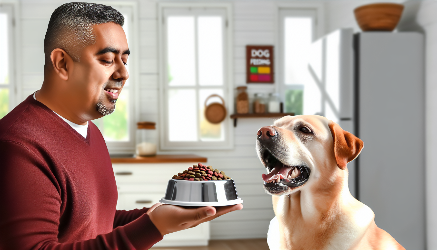 Eine genaue Darstellung des richtigen Fütterns eines Hundes. Der Hund ist ein erwachsener Labrador Retriever, der lächelt, während er auf das Futter wartet. Ein hispanischer Mann hält eine Schüssel mit gesundem Hundefutter und zeigt die richtige Portionsgröße. Die Szene spielt sich in einer hellen Küche ab, in der natürliches Licht durch das Fenster strömt. Im Hintergrund befindet sich ein Fütterungsleitfaden für Hunde am Kühlschrank, um die Bedeutung der richtigen Fütterung von Hunden zu betonen.