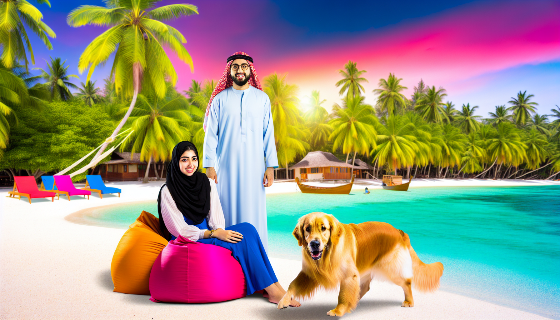 Ein mittelöstlicher Mann und eine ostasiatische Frau entspannen an einem ruhigen Strand, während ein Golden Retriever im türkisfarbenen Wasser herumtollt. Ein tropisches Paradies, gefüllt mit üppigen grünen Palmen. Der Himmel hat einen strahlenden Sonnenuntergangston, der mit Rosa- und Orangetönen gefüllt ist. Der Strand ist mit bunten Sitzsäcken und einer Hängematte dekoriert, was ihm eine entspannte Urlaubsatmosphäre verleiht.