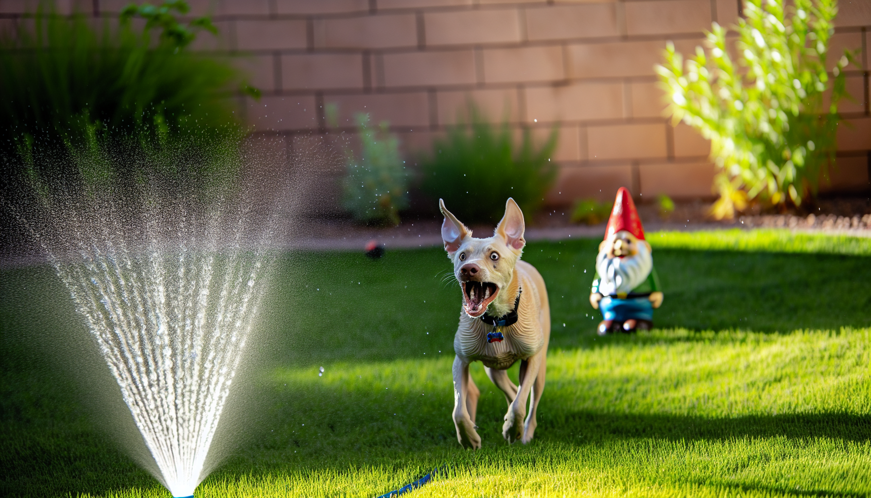 Ein amÃ¼santer Moment eines beigen Hundes mit aufgestellten Ohren, der in einem gut gepflegten Garten steht. Ein Sprinkler sprÃ¼ht kÃ¼hles, klares Wasser Ã¼ber das grÃ¼ne Gras, und der Hund scheint mitten im Sprung gefangen zu sein, mit weit geÃ¶ffnetem Maul, wÃ¤hrend er versucht, einen Wasserstrahl in seinen Mund zu fangen. Das Sonnenlicht spiegelt sich im Wasserstrahl und erzeugt kleine RegenbÃ¶gen, wÃ¤hrend ein niedlicher Gartenzwerg in der NÃ¤he steht und seinen rot bemalten Hut schief neigt, als wÃ¤re er Ã¼berrascht von den Streichen des Hundes.