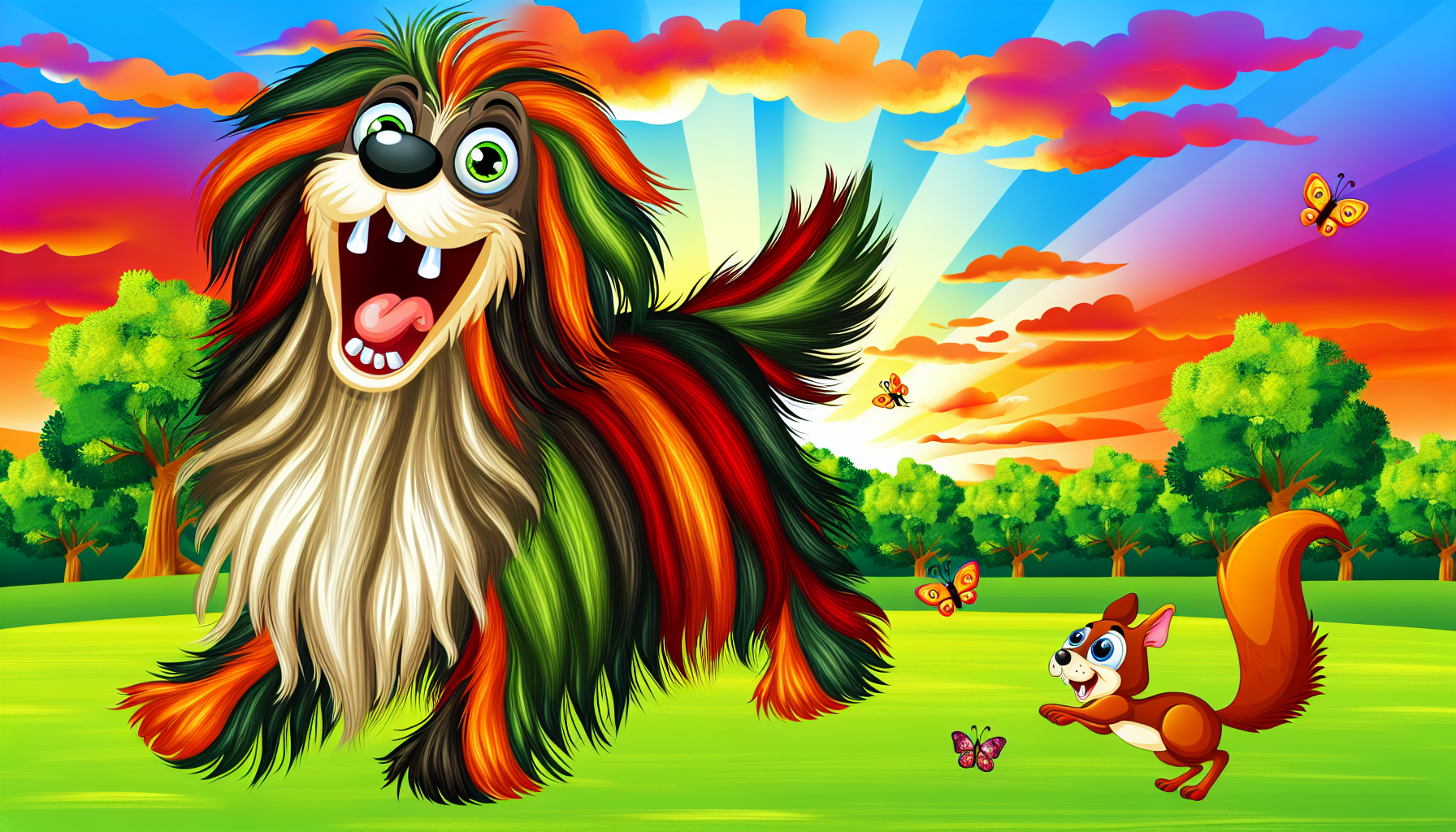 Eine Illustration eines Cartoon-Hundes namens Barfen, der ein langes, zotteliges Fell mit lebhaften, bunten Farben hat. Der Hund wird gezeigt, wie er fr&Atilde;&para;hlich in einem offenen, &Atilde;&frac14;ppig gr&Atilde;&frac14;nen Feld spielt, umgeben von verspielten Eichh&Atilde;&para;rnchen und Schmetterlingen. Der ekstatische und energiegeladene Ausdruck des Hundes macht deutlich, dass er die beste Zeit seines Tages hat. Der Himmel dar&Atilde;&frac14;ber strahlt in einem beeindruckenden Farbenspiel des Sonnenuntergangs, was einen sch&Atilde;&para;nen Kontrast zur Szene bietet.