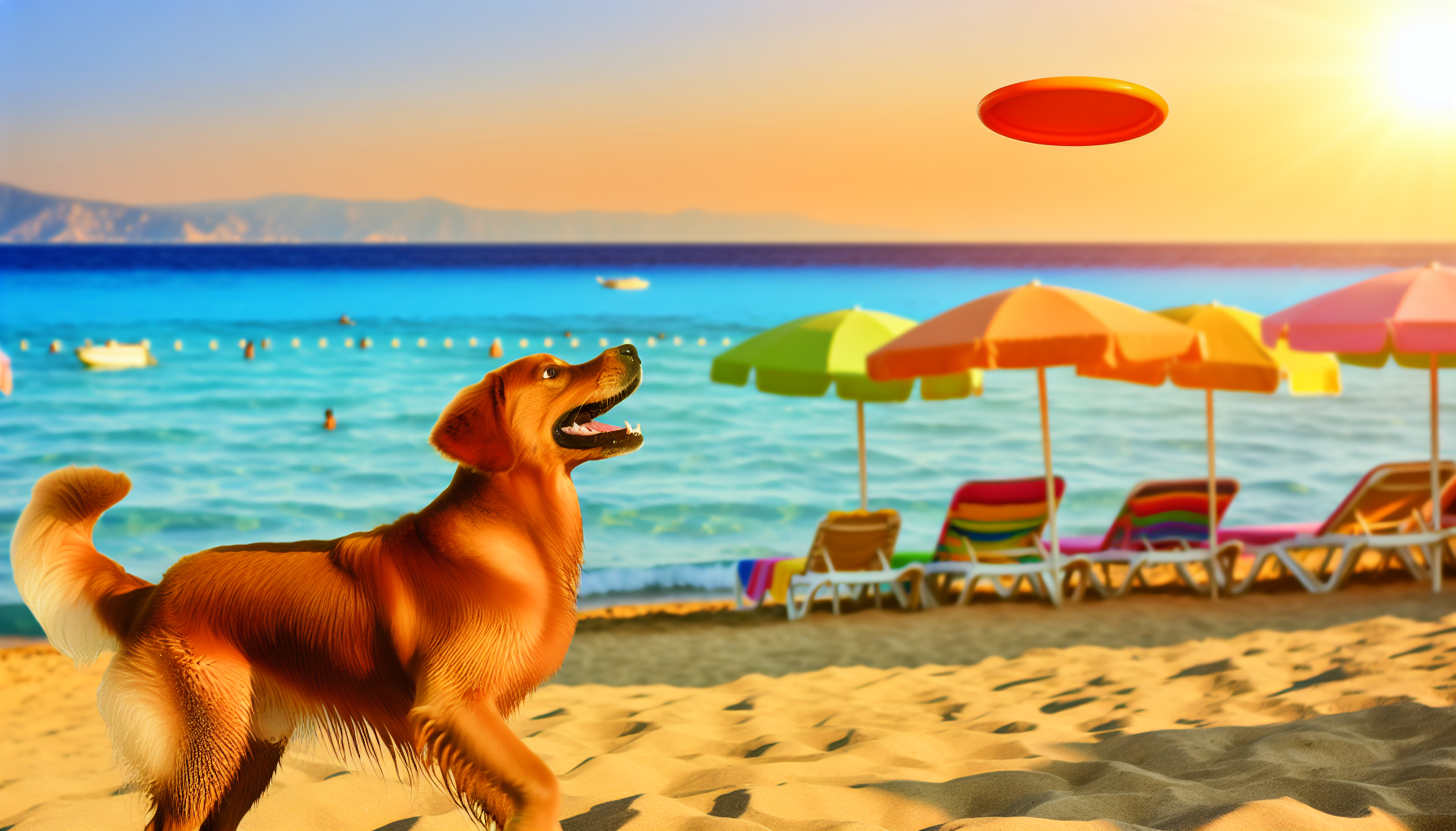 Eine idyllische UrlaubsSzene mit einem Hund. Der Hund jagt verspielt einem Frisbee am sandigen Strand nach, mit dem kristallklaren Meer im Hintergrund. Der Hund ist ein lebhafter Golden Retriever mit einem glÃ¤nzenden Fell, das im Sonnenlicht strahlt. An der Seite sehen wir eine Reihe bunter Strandparasols und Liegen, die auf das Treiben der Urlauber hinweisen. Am Horizont geht die Sonne langsam unter und wirft einen warmen goldenen Schein Ã¼ber die gesamte Szene.