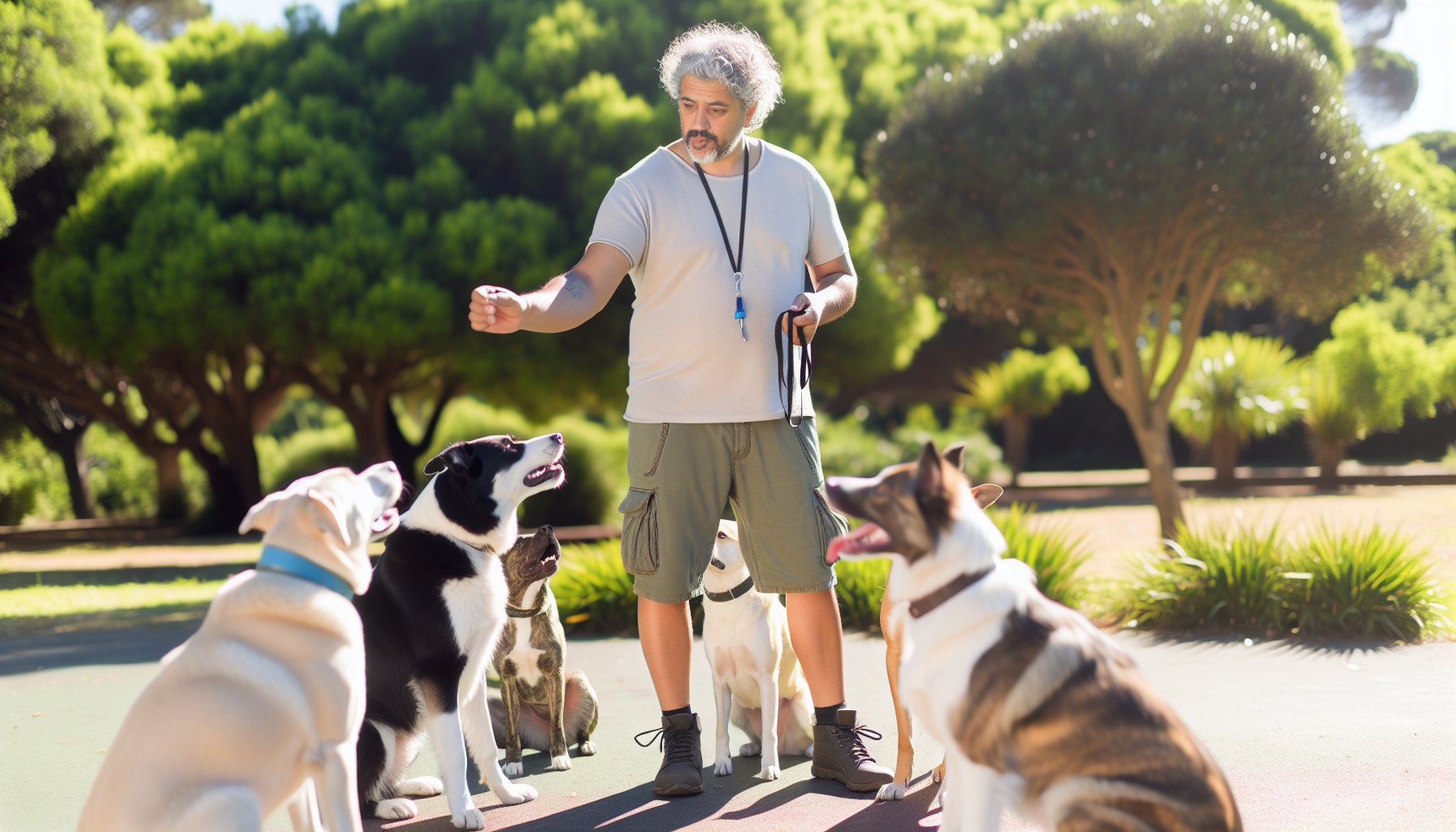 Ein kaukasischer mÃ¤nnlicher Hundetrainer in einem Park, der einer Gruppe von verschiedenen Hunden Kommandos demonstriert. Er trÃ¤gt legere Outdoor-Kleidung und hat eine Pfeife um den Hals. Die Hunde sind verschiedener Rassen und GrÃ¶ÃŸen und schauen aufmerksam zu ihm, wÃ¤hrend er ihnen zeigt, wie man sich setzt. Einer der Hunde gehorcht dem Kommando und setzt sich, wÃ¤hrend die anderen noch beobachten. Der Park ist von GrÃ¼n umgeben, mit BÃ¤umen, BÃ¼schen und einem klaren blauen Himmel darÃ¼ber.