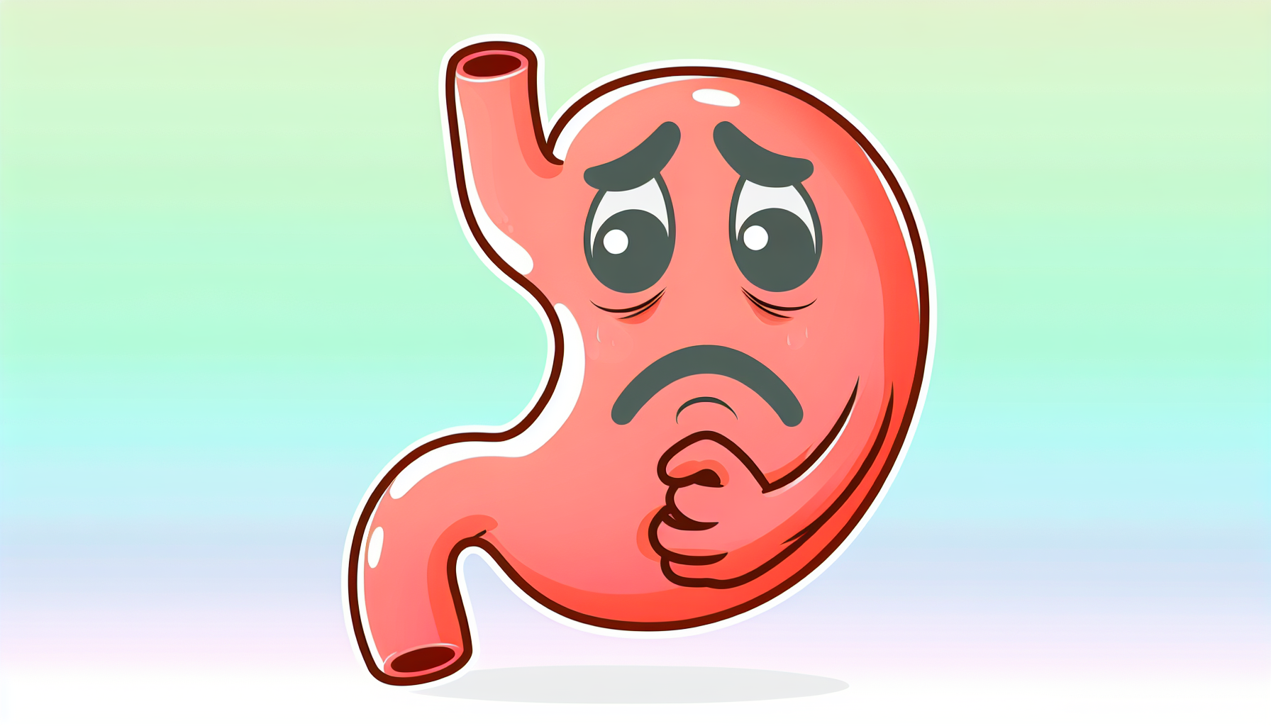 Eine humorvolle Illustration eines unruhigen Magens, nicht realistisch dargestellt. Der Magen könnte anthropomorphisiert sein, sieht besorgt aus und hält seinen unteren Bereich. Die Farben sollten hauptsächlich sanft und nicht zu grell sein, wobei vor allem Pastelltöne verwendet werden. Der Hintergrund könnte einfach gehalten sein, mit einem sanften Farbverlauf, der es dem lustig leidenden Magen ermöglicht, im Vordergrund des Bildes zu stehen.