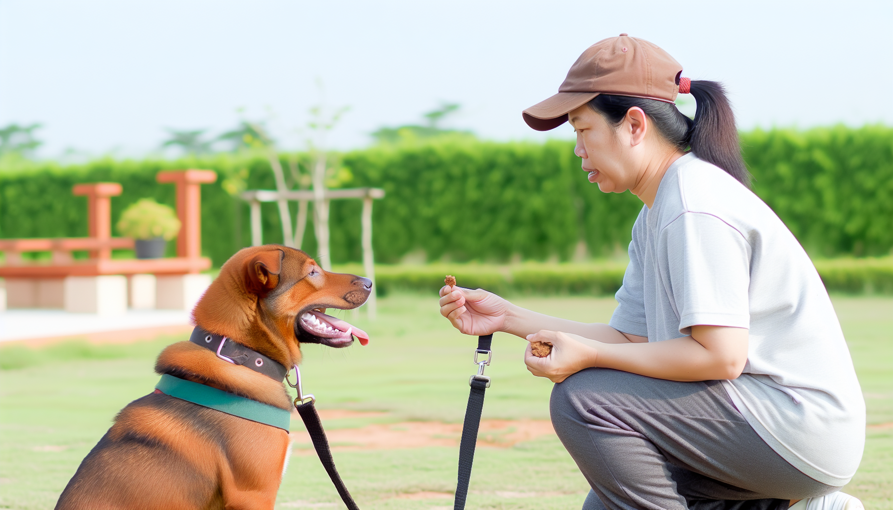 Ein detailliertes Bild einer Hundetrainingseinheit im Freien. Eine asiatische Hundetrainerin bringt einem mittelgroßen, braunen Hund mit einer Leine bei, auf Kommando zu sitzen, während sie in der anderen Hand ein Hundeleckerli hält. Sie trägt legere Kleidung und eine Mütze. Die Umgebung besteht aus grünem Gras, einigen Bäumen und einem blauen Himmel.
