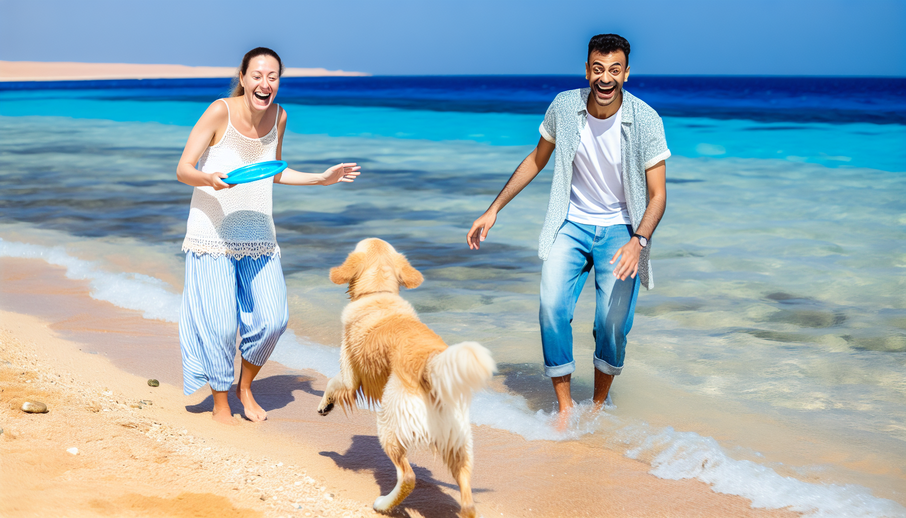 Eine Urlaubsszene, in der eine kaukasische Frau und ein mittelöstlicher Mann mit ihrem Golden Retriever Hund eine schöne Zeit verbringen. Sie befinden sich an einem sonnigen Strand und tragen legere Sommerkleidung. Ihre fröhlichen Gesichter zeigen, dass sie eine großartige Zeit haben. Ihr Hund läuft verspielt nahe der Küstenlinie und holt einen Frisbee, den der Mann geworfen hat. Die Frau hält eine Kamera in der Hand, um diesen kostbaren Moment festzuhalten. Die blauen Wellen des Ozeans und der strahlend blaue Himmel bilden einen wunderschönen Hintergrund.